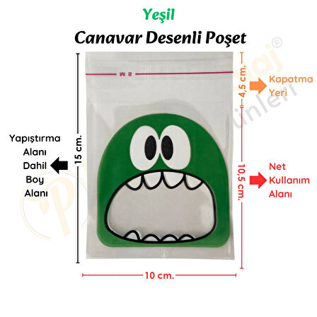 100 Adet Sarı-Mavi-Yeşil Renkli Canavar Desenli Cake Pop & Kurabiye Poşeti-10x15 cm