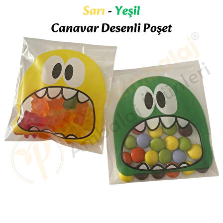 50 Adet Sarı-Yeşil Renkli Canavar Desenli Cake Pop & Kurabiye Poşeti-10x15 cm