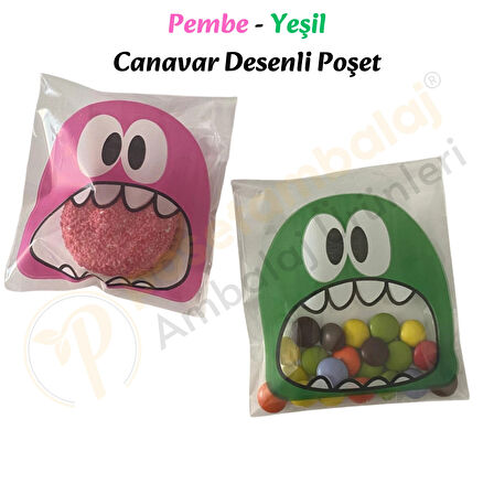 50 Adet Pembe-Yeşil Renkli Canavar Desenli Cake Pop & Kurabiye Poşeti-10x15 cm