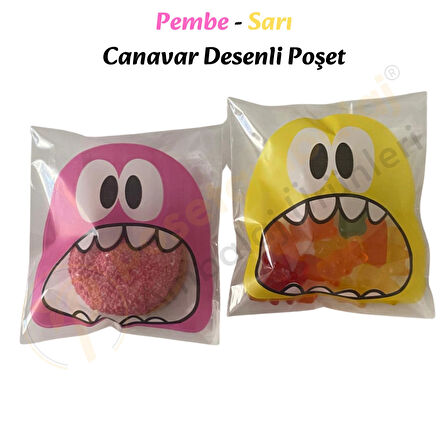 50 Adet Pembe-Sarı Renkli Canavar Desenli Cake Pop & Kurabiye Poşeti-10x15 cm