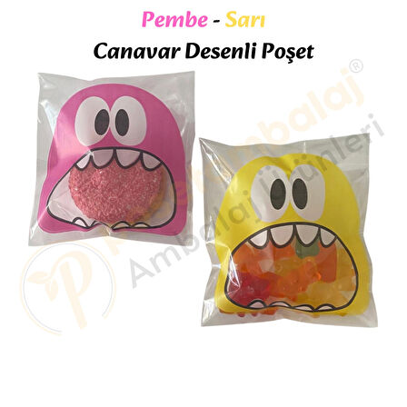 100 Adet Pembe-Sarı Renkli Canavar Desenli Cake Pop & Kurabiye Poşeti-10x15 cm