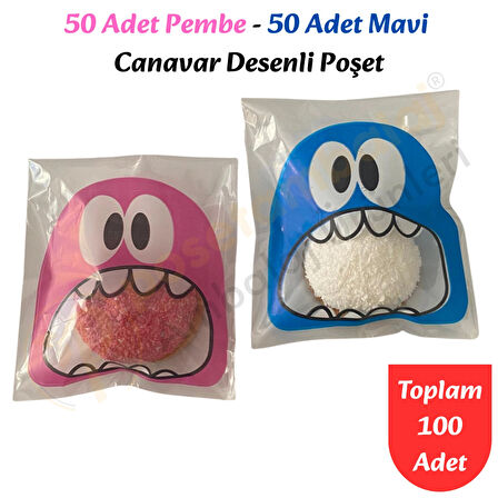 100 Adet Pembe-Mavi Renkli Canavar Desenli Cake Pop & Kurabiye Poşeti-10x15 cm