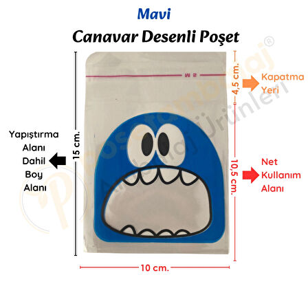 30 Adet Mavi-Yeşil Renkli Canavar Desenli Cake Pop & Kurabiye Poşeti-10x15 cm