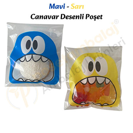 50 Adet Mavi-Sarı Renkli Canavar Desenli Cake Pop & Kurabiye Poşeti-10x15 cm
