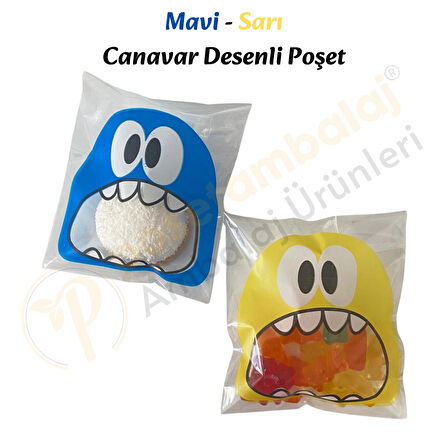 50 Adet Mavi-Sarı Renkli Canavar Desenli Cake Pop & Kurabiye Poşeti-10x15 cm