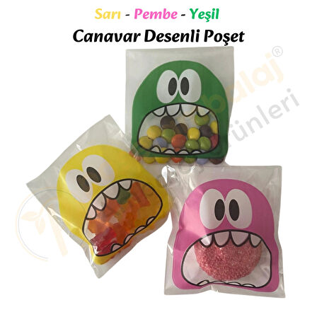 100 Adet Sarı-Pembe-Yeşil Renkli Canavar Desenli Cake Pop & Kurabiye Poşeti-10x15 cm