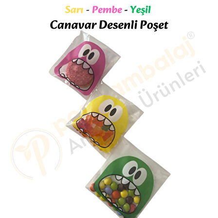 100 Adet Sarı-Pembe-Yeşil Renkli Canavar Desenli Cake Pop & Kurabiye Poşeti-10x15 cm