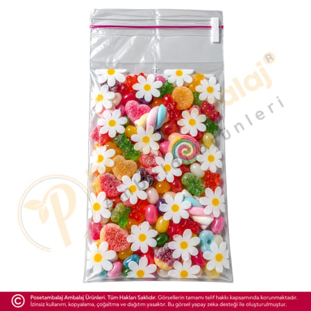 Papatya Desenli Bantlı OPP Poşet 10x20 cm - 50 Adet