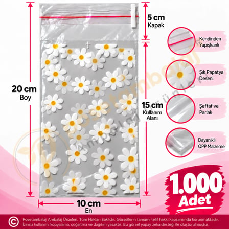 Papatya Desenli Bantlı OPP Poşet 10x20 cm - 1.000 Adet