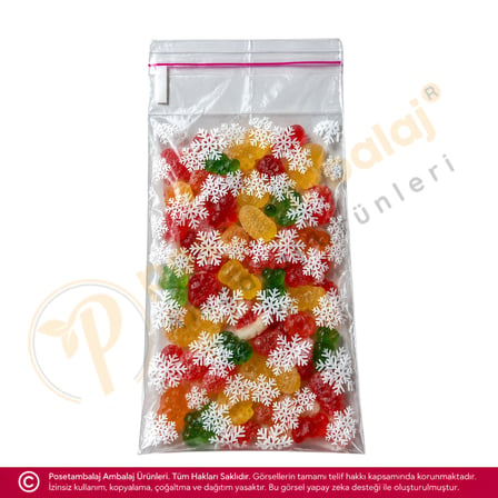 Kar Tanesi Desenli Bantlı OPP Poşet 10x20 cm - 50 Adet