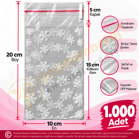 Kar Tanesi Desenli Bantlı OPP Poşet 10x20 cm - 1.000 Adet