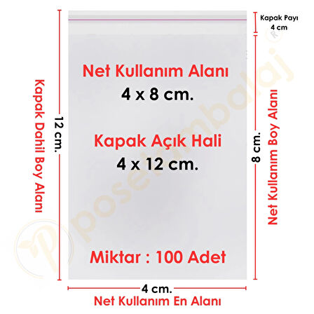 4x8+4 cm.(4x12) 100 Adet Şeffaf Bantlı Yapışkanlı OPP Poşet
