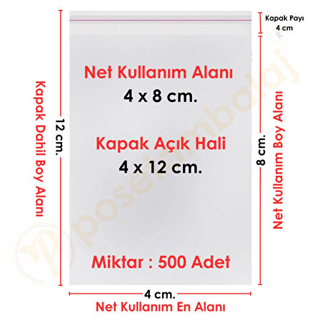 4x8+4 cm.(4x12) 500 Adet Şeffaf Bantlı Yapışkanlı OPP Poşet