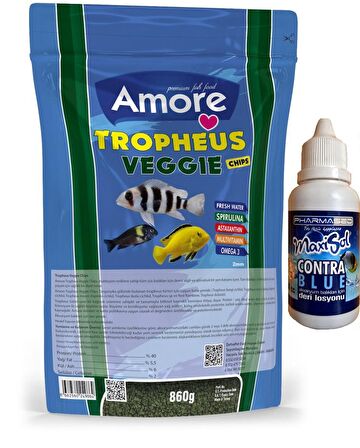 Tropheus Veggie Chips 860gr Easy-Doypack Green Algae Spirulina Akvaryum Balık Yemi ve Contra Blue