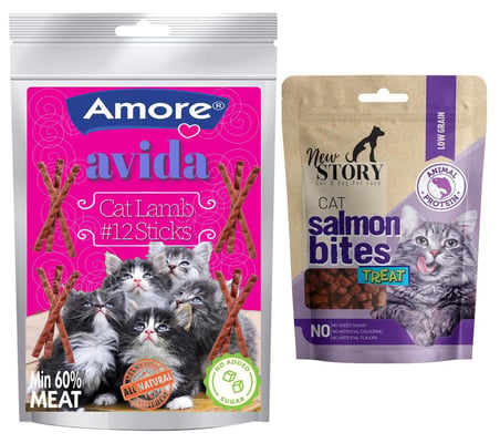Avida 12li Sticks Kuzu Etli Kedi Ödülü, New Story Salmon Bites Taneli Yumuşacık Atıştırmalık Mama