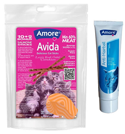 Avida 12li Somonlu Kedi Ödül Sticks, Anti-Hairball Tüy Yumağı Önleyici Malt 100ml