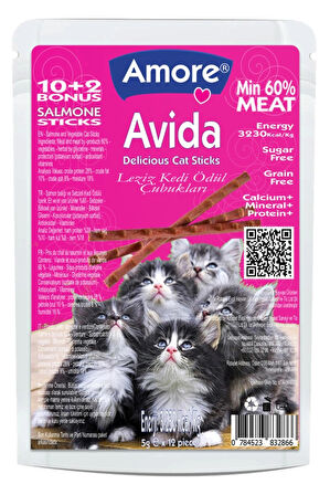 Avida 12li Somonlu Kedi Ödül Sticks, Anti-Hairball Tüy Yumağı Önleyici Malt 100ml