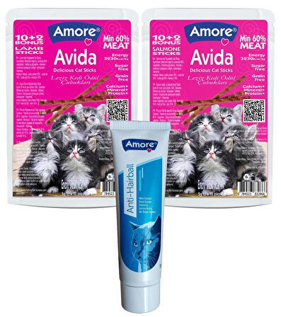 Avida 12-Kuzu, 12-Somon Kedi Ödül Sticks, Anti-Hairball Tüy Yumağı Önleyici Pasta 100ml