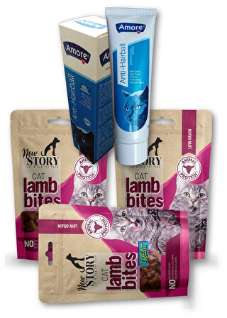 Amore Anti Hairball 100ml, 3x60gr Lamb Bites Atıştırmalık Yumuşacık Taneli Kedi Ödül Maması