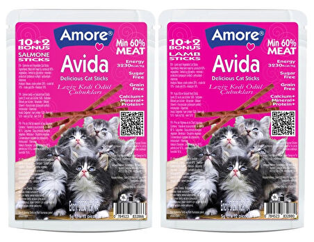 Avida 12-Kuzu, 12-Somonlu Kedi Ödül Sticks, Multivitamin Malt 100ml Paste