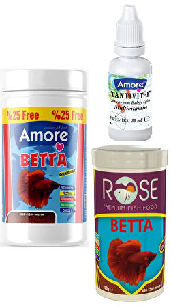 Betta Granules astaksantin 125ml, Rose 100ml Beta Balığı Yemi, Multivitamin