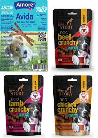 Kemik Şeklinde 3x80gr Yumuşacık Köpek Ödülü Lamb-Beef-Chicken Crunchy, Avida 12li Dog Salmon Sticks