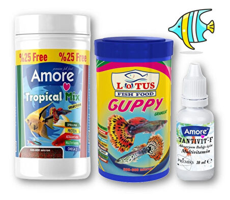 Lepistes-Melek-Plati-Moli Balık Yemi 125ml, Lotus Guppy Granül 100ml, Yavru 100ml, Vitamin