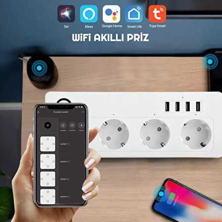 Exeo Akıllı Wifi Uzatma Kablolu 4lü Priz 4 Port USB Hızlı Şarj