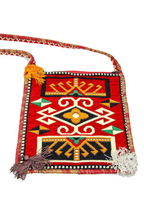 Otantik Vintage Etnik Kilim Desen Püsküllü Omuz ve Postacı Çantası KIRMIZI-BAYKUŞ