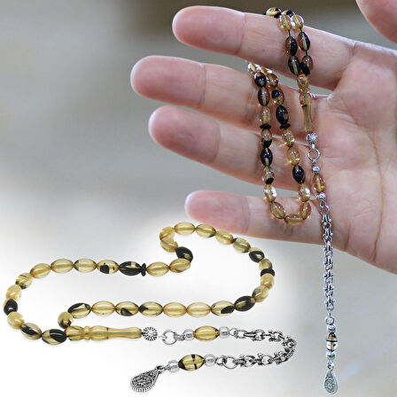 Kararmaz Metal Arnavut Zincir Püsküllü Arpa Kesim Siyah-Beyaz Bilek Boy Ateş Kehribar Tesbih