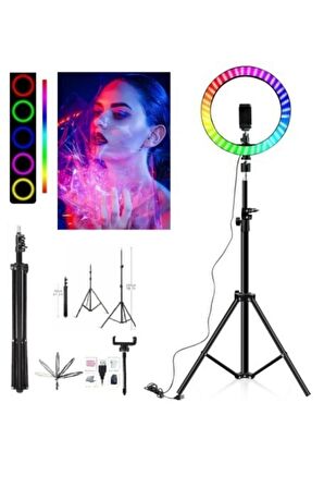 Rgb Youtuber Tiktok Çekim Telefon Tutucu Renkli Ring Light Makyaj Işığı 33Cm 13 Inç 2. Mt Tripod