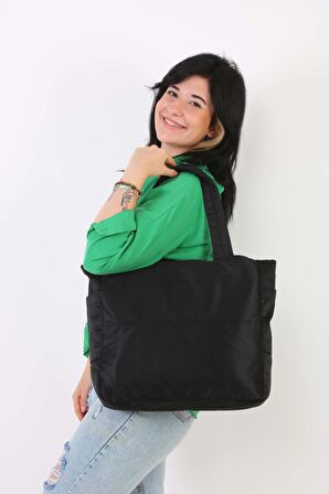Soobepark 3 Bölmeli Shopper Puf Kumaş Kadın Omuz ve El Çantası Siyah