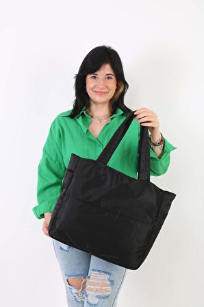 Soobepark 3 Bölmeli Shopper Puf Kumaş Kadın Omuz ve El Çantası Siyah