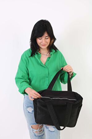 Soobepark 3 Bölmeli Shopper Puf Kumaş Kadın Omuz ve El Çantası Siyah