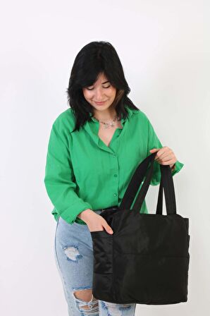 Soobepark 3 Bölmeli Shopper Puf Kumaş Kadın Omuz ve El Çantası Siyah