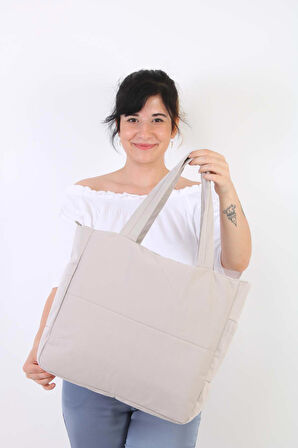 Soobepark 3 Bölmeli Shopper Puf Kumaş Kadın Omuz ve El Çantası Taş