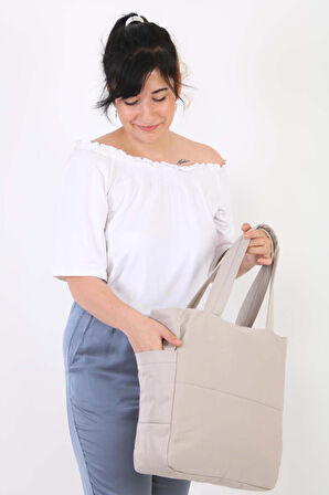 Soobepark 3 Bölmeli Shopper Puf Kumaş Kadın Omuz ve El Çantası Taş