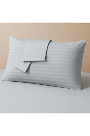 %100 Pamuk Saten Yastık Kılıfı 2'li – Antrasit, Çizgili (50X70 CM)