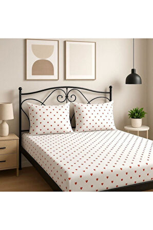 Amour Kırmızı Kalpli Pamuk Çift Kişilik Çarşaf Takımı + 2 Kılıf – Çift Kişilik Pike Hediye