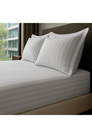 Satin Stripe %100 Pamuk Saten Tek Kişilik Çizgili Lastikli Çarşaf Seti Yastıklı 120x200+30