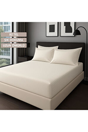 Satin Stripe %100 Pamuk Saten Tek Kişilik Çizgili Lastikli Çarşaf Seti Yastıklı 120x200+30