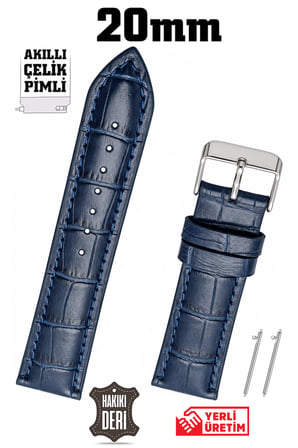 20mm Lacivert Kroko Hakiki Deri Saat Kordonu Kayış Akıllı Pimli