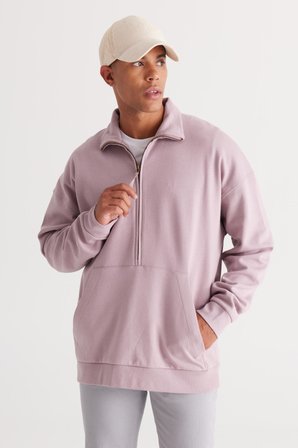 Erkek Gül Kurusu Oversize Bol Kesim Içi Polarlı Iplik Bato Yaka Pamuklu Sweatshirt