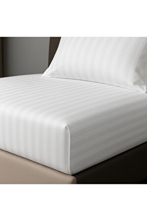 Satin Stripe %100 Pamuk Saten Çift Kişilik Çizgili Lastikli Çarşaf Seti Yastıklı 160x200+30