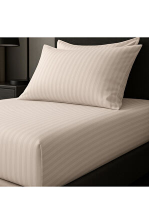 Satin Stripe %100 Pamuk Saten Çift Kişilik Çizgili Lastikli Çarşaf Seti Yastıklı 160x200+30