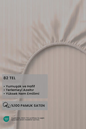 Satin Stripe %100 Pamuk Saten Çift Kişilik Çizgili Lastikli Çarşaf Seti Yastıklı 160x200+30