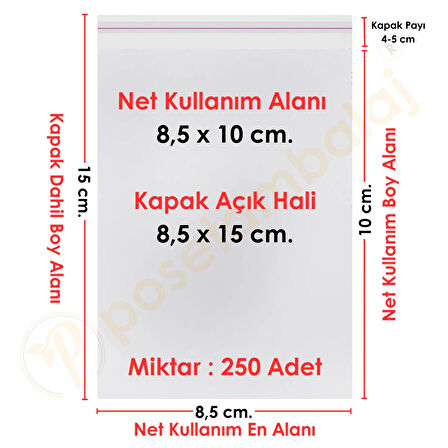 8,5x10+5 cm.(8,5x15) 250 Adet Şeffaf Bantlı Yapışkanlı OPP Poşet