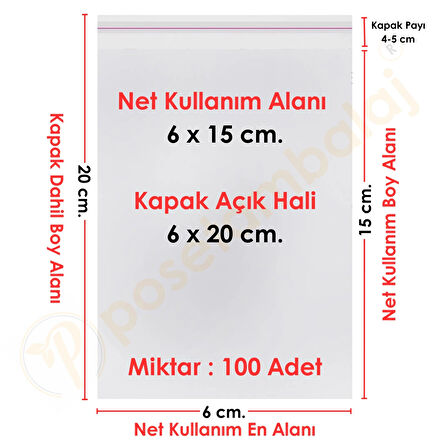 6x15+5 cm.(6x20) 100 Adet Şeffaf Bantlı Yapışkanlı OPP Poşet