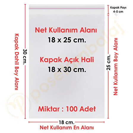 18x25+5 cm.(18x30) 100 Adet Şeffaf Bantlı Yapışkanlı Jelatin Poşet