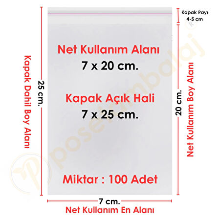 7x20+5 cm.(7x25) 100 Adet Şeffaf Bantlı Yapışkanlı OPP Poşet